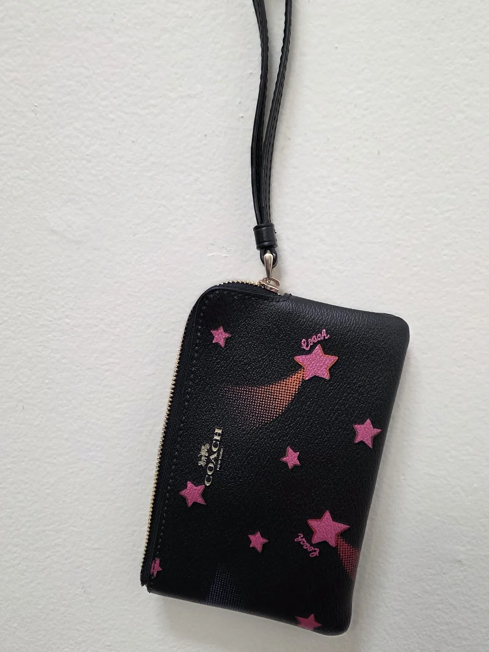 Coach Black Leather Wristlet with Pink Star Motif